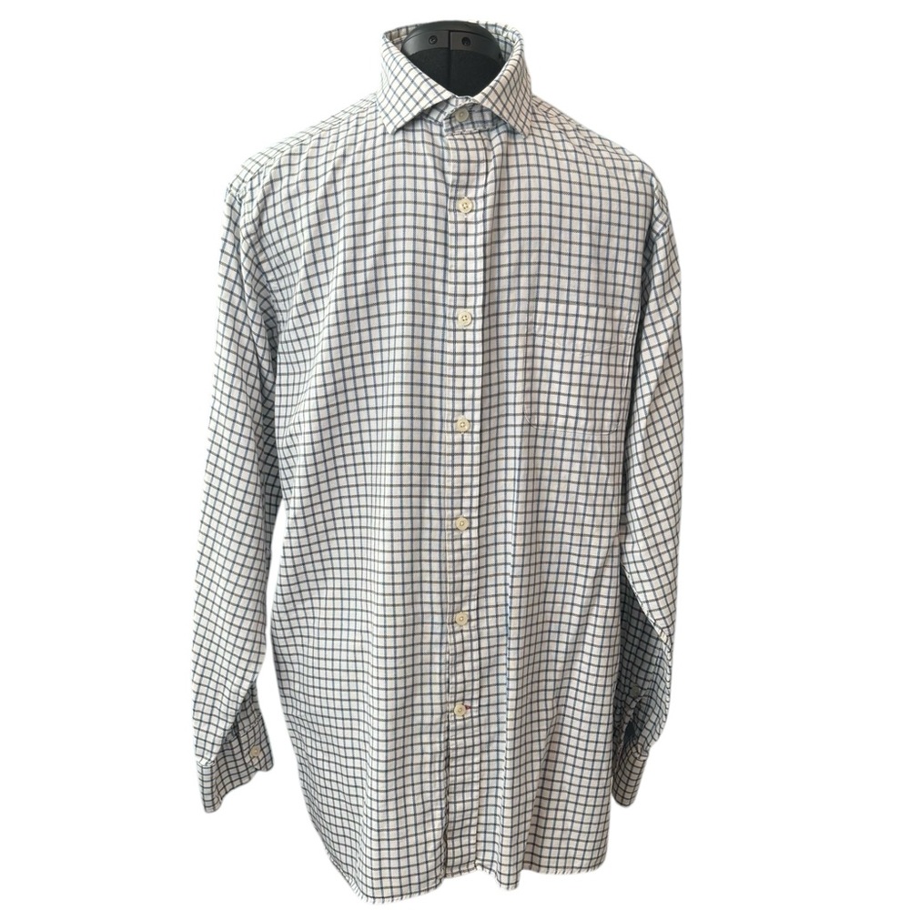CREMIEUX COLLECTION WHITE W/BLUE & BROWN CHECKERED PATTERN LS BUTTON DOWN SHIRT.